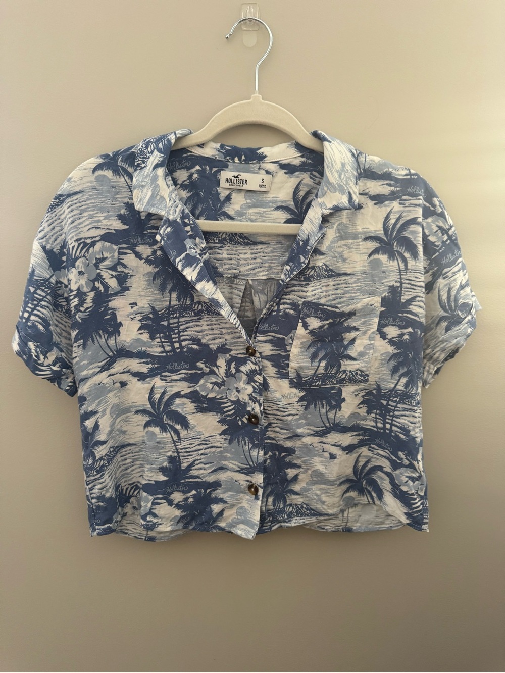 Hollister Blue & White Hawaiian Crop Button-Down Shirt